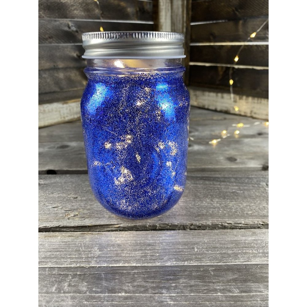 Lighted Mason Jar Blue Glitter Nightlight Home Decor Handmade